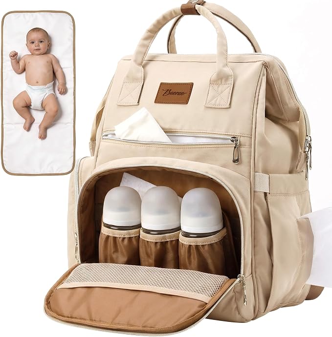 Diaper Bag Backpack with Wet/Dry Pocket, Changing Pad, 27L Beige | 14 Pockets, 3 Insulated Bottle Pockets & Rear Opening for Organizing, Stroller Straps & Luggage Sleeve for Travel by Unknown