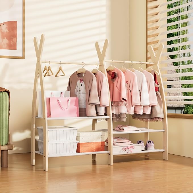 NACHES Small Kid Clothing Rack Wood Montessori Garment Rack for Toddler Baby Wardrobe Closet Compact Dress Up Storage Organizer Hanging Rod with Basket for Costume Princess Skirt Coat Bedroom Nursery - Image 7