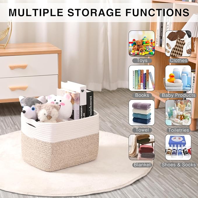 ICERZCZ Storage Baskets for Organizing, Woven Cotton Rope Basket for Storage Books, Baby Organizing Baskets, Toy Storage Basket, 15"x11"x9.5", 3 Packs, Off White & Brown - Image 4