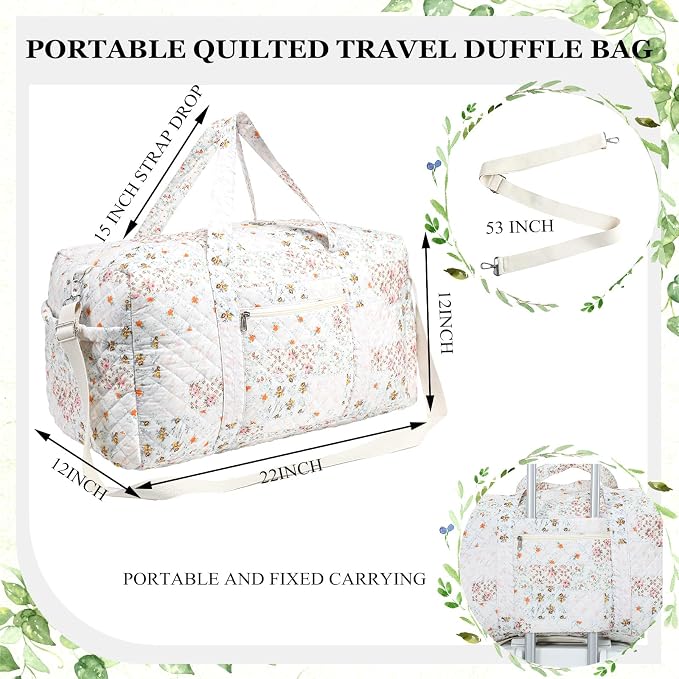 Dansydaisy Large Quilted Travel Duffle Bag for Women Floral Portable Gym Weekender Bag with Zipper Pockets Workout Grocery Pouch Duffle Gift Pouch for Work(Light Colored Spliced Floral) - Image 6