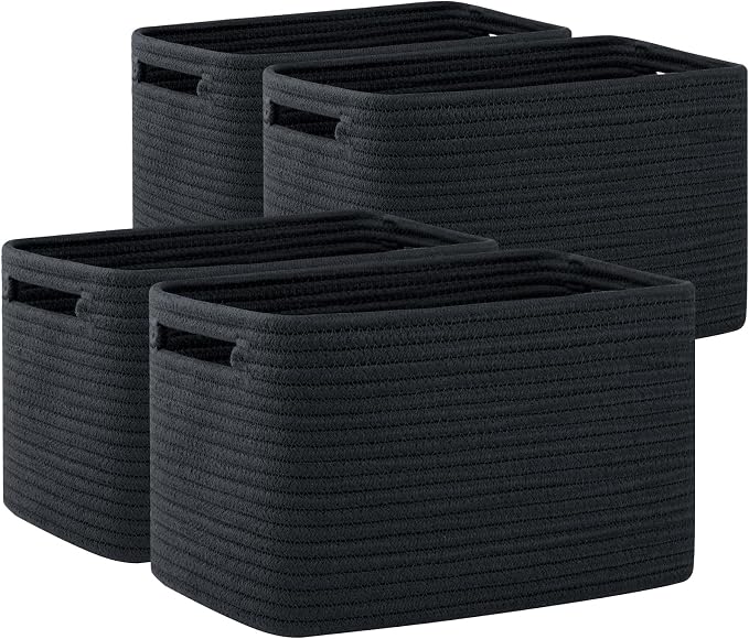 OIAHOMY 4 Pack Storage Baskets for Organizing 24L Cube Storage Bins Black | Woven Baskets for Storage Rectangle Small Baskets With Handles Baskets for Shelves Wicker Baskets for Shelves 16x12x8inch by MasterofSpaceOptimization