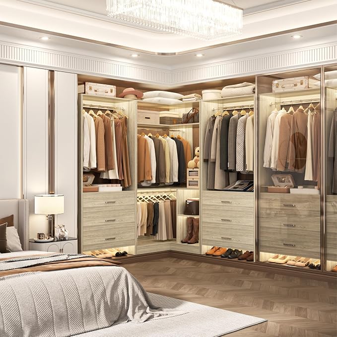 Aheaplus Closet System with 6 Drawers, 4 Hanging Rods & Corner Tower, Corner Closet System with Hanging,80.9" L-Shaped Walk-In Wardrobe Organizer, 2000+ lbs Capacity, Set of 3, White Oak - Image 2