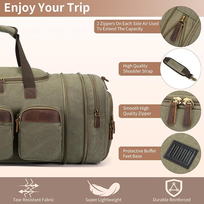 Mens Duffle Bag for Travel 60L Expandable Canvas Weekender Overnight Travel Duffel Bag with Shoe Compartment Carry-On for Airplanes Army Green - Image 2