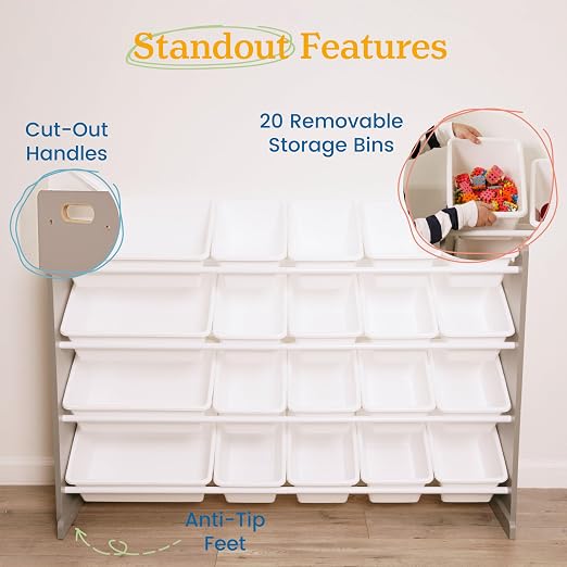 ECR4Kids 4-Tier Organizer with 20 Removable Plastic Bins, 4x5, Toy Storage, Grey/White | Durable plastic bins, MDF panels, steel frame, GREENGUARD Gold Certified, 72 lb capacity, anti-tip kit, playroom/classroom - Image 6