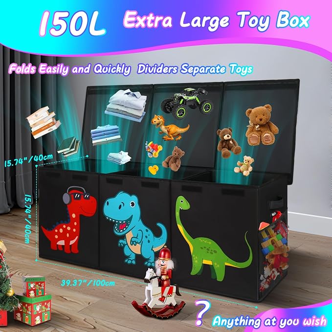 Extra Large Toy Box Chest, Collapsible Storage Bins with Lids, 40"x16"x16" | Sturdy Kids Storage Organizer Toy Bins Basket with Dividers, Bedroom Nursery Playroom Organization, Black - Image 2