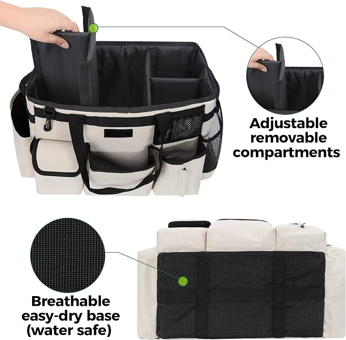 Cleaning Caddy Organizer with Handle - Large Caddy Bag for House & Bathroom Cleaning Supplies, 15 x 8 x 10.5 inches Cleaning Supply Caddy, Housekeeping Tote with Adjustable Strap - Beige - Image 6
