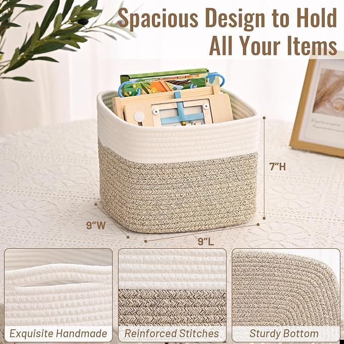 3 Pack Cube Storage Bin, 9”x9”x7” Cotton Rope Woven Baskets for Organizing Toys Clothes Towels, Square Gift Storage Baskets for Shelves, Nursery, Closet, Bathroom, Pantry (White & Jute) - Image 4