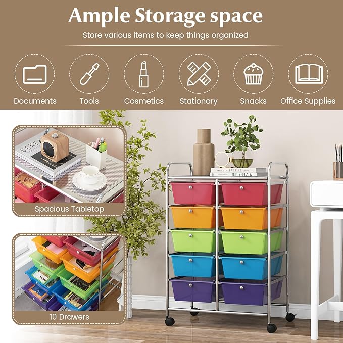 RELAX4LIFE Rolling Storage Cart with 10 Drawers - Craft Storage Cart with Lockable Wheels,Utility Cart, Art Cart Organizer for Crafting Storage, Studio, Office, School Rolling Drawer Cart (Rainbow) - Image 7