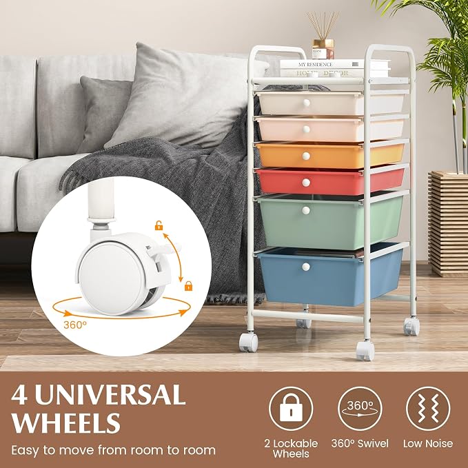GOFLAME 6-Drawer Rolling Storage Cart, Multifunctional Art Craft Organizer Cart, Mobile Utility Storage Cart with Removable Drawers & Lockable Wheels, Craft Cart for Home Office, Macaron Color - Image 5