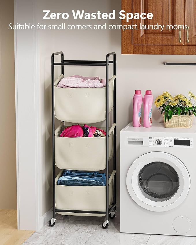 3 Section Laundry Sorter with Removable Bags, 120L Rolling Vertical Laundry Hamper, Stackable Laundry Baskets organizer for Bathroom, Apartment, Dorm (Beige, With Wheel) - Image 4