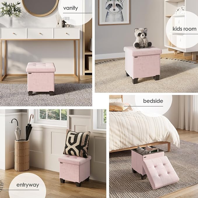 Storage Ottoman Cube with Small Bin, 15-in Square Ottoman with Storage for Living Room and Bedroom, Small Ottomans Foot Rest, Velvet Foot Stools Ottomans Max 330lbs, Pink - Image 5