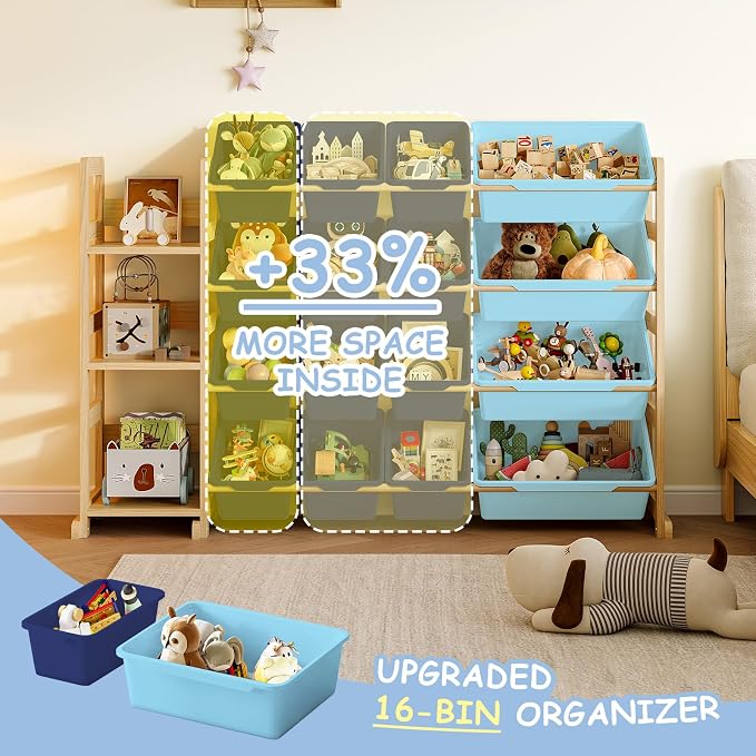 EXPERLAM Toy Storage Organizer, Toy Storage Shelf with 3 Shelves and 16 Storage Bins (12 Small + 4 Large), 3-in-1 Kids Bookshelf for Kids Rooms, Playroom, Nursery, Blue - Image 3