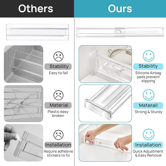 Vtopmart 2.36" Short Upgrade Drawer Dividers 12.8"-22.3" Expandable 12 Pack | Adjustable Kitchen Drawer Organizer, Clear Plastic Separator for Flatware, Utensils, Cutlery, Underwear Storage, Space Saving - Image 9
