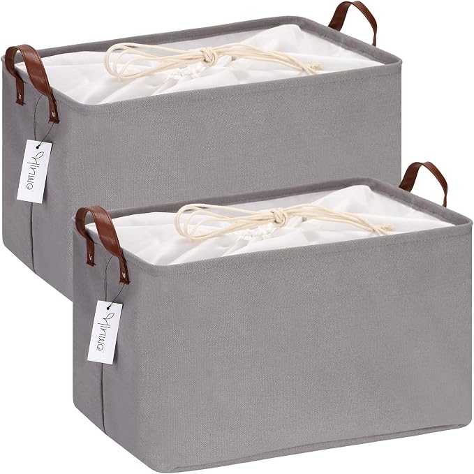 Hinwo 31L Large Canvas Storage Bin with Lid and Handles, 2-Pack | Collapsible Fabric Baskets, Closet Shelf Organizers, Containers for Clothing, Blankets, Toys, Bedding (Gray) by Hinwo