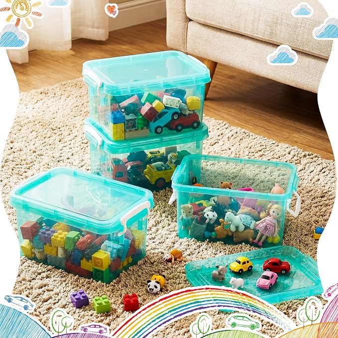 6 Pack Colorful Plastic Storage Bins with Lids 4 Quart Small Storage Latch Box Stackable and Nestable Clear Organizer Bins with Latching Handle and Buckle for Organizing (Teal) - Image 6