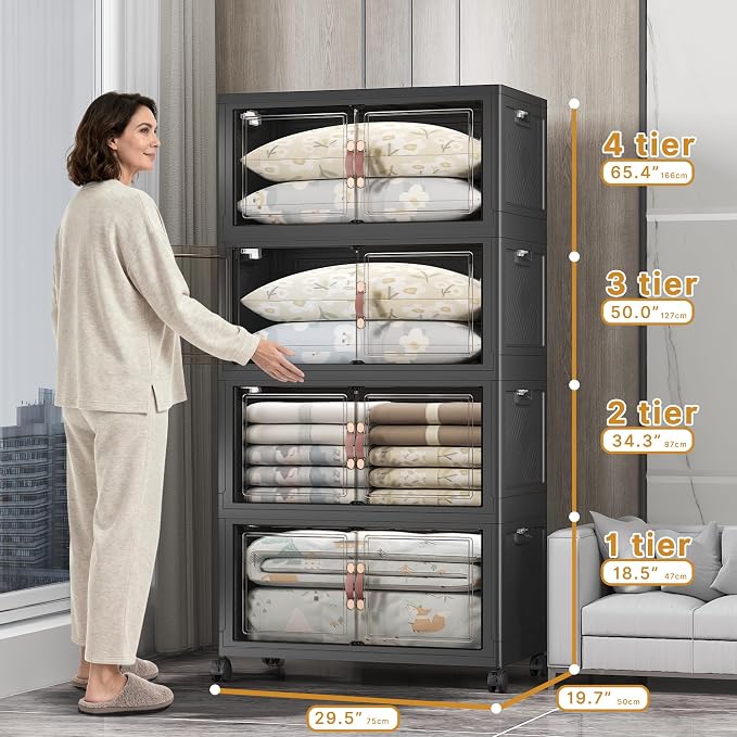 Stackable Storage Bins, 1440QT Collapsible Drawers with 2 Lids | Large Capacity, Magnetic Door, Stack Lock, Rolling Wheels, Foldable Design, Organizers and Storage for Bedroom Dorm Garage - Image 2
