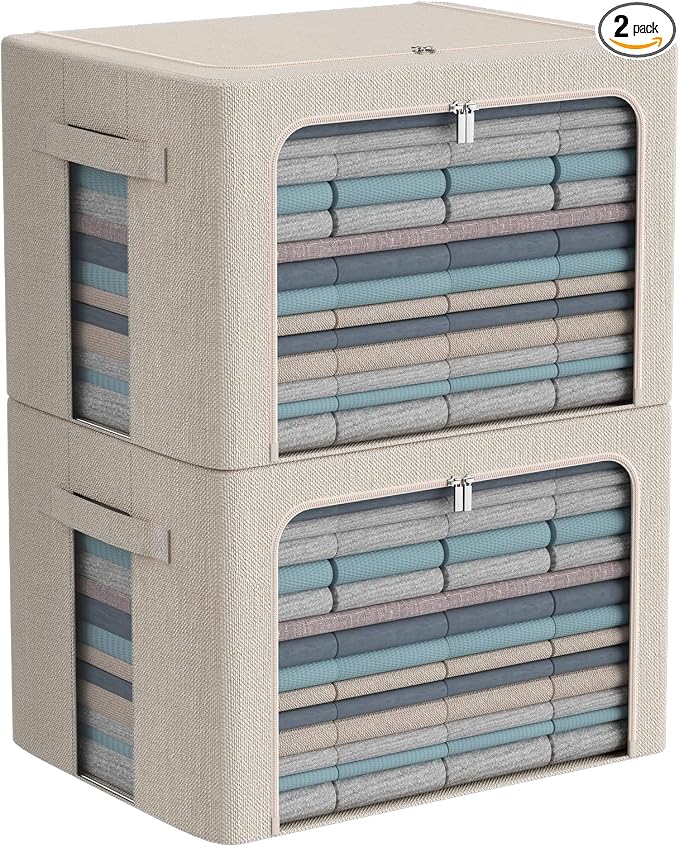 CYhom Clothes Storage Bins Box - Linen Fabric Foldable Stackable Container Organizer Set with Clear Window & Carry Handles & Metal Frame - 2Pack Large Capacity for Bedding, Blankets, Books by CYhom