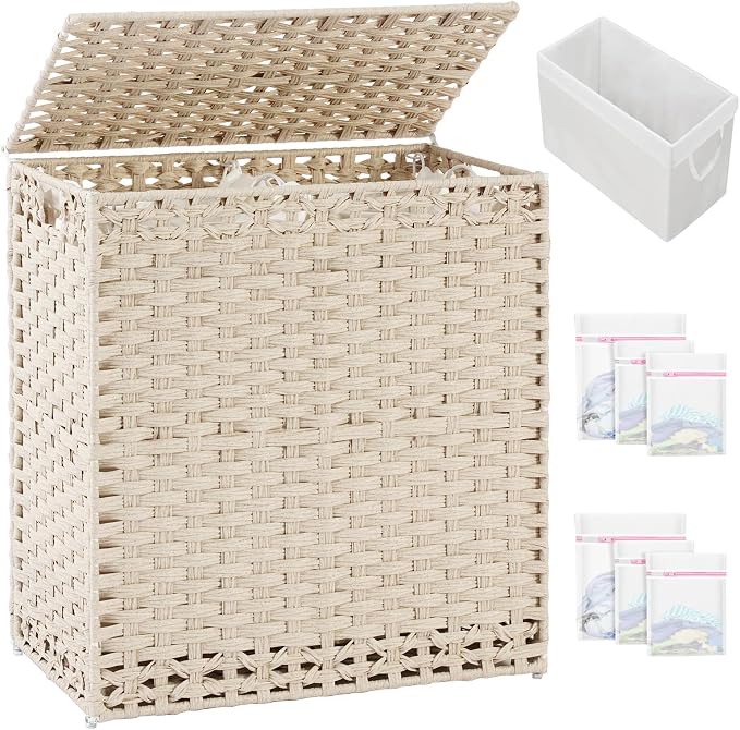 SETVSON Laundry Hamper with Lid PE Rattan Laundry Basket, Light Khaki | Decorative Furniture Look for Bathroom & Bedroom, 2-Section Large Wicker Hamper, 2 Cloth Bags, 6 Mesh Bags Included by SETVSON