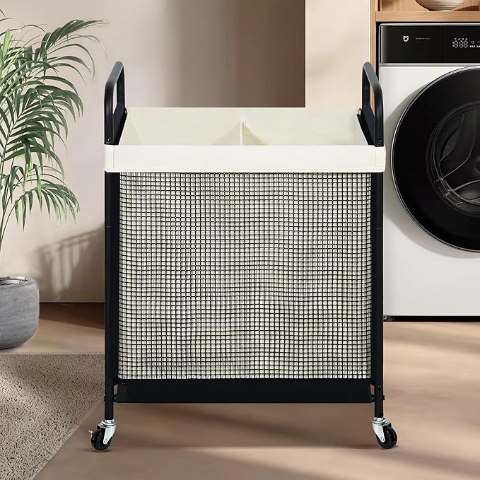 STO STO Laundry Hamper 2 Section, 100L Rolling Laundry Sorter Cart with Removable and Washable Liner Bag, Clothes Hamper with Wheels and Metal Handle for Laundry Room and Bedroom - Image 2