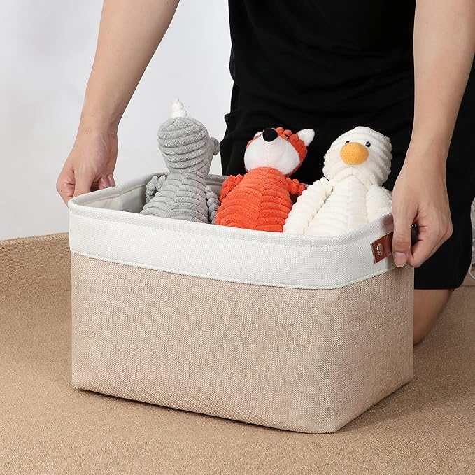 DULLEMELO Fabric Storage Bins, Storage Baskets for Organizing, Collapsible Rectangular Fabric Baskets for Shelves, Empty Gift Baskets (3-Pack Medium-15 inch X 11 inch X 9.5 inch , White&Khaki) - Image 5