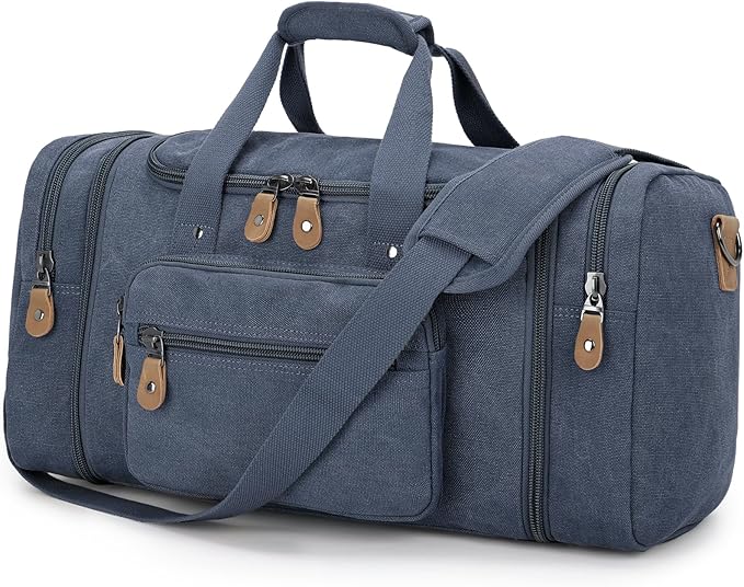 Gonex Canvas Duffle Bag, Expandable 60L Travel Overnight Weekender Bag | for Men, Multiple Pockets, Tear-Resistant, Durable Zippers, Detachable Strap, Denim Blue by Gonex