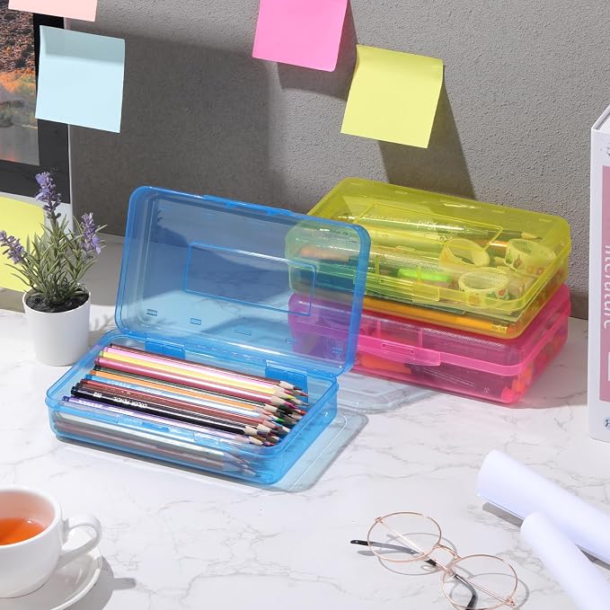 Outus 16 Pcs Plastic Pencil Box Large Crayon Maker Box with Snap Lid Plastic Pencil Case Office Supplies Organizer for Craft Painting Brush (Black,Purple,Navy,Pink,Yellow,Green,Blue,Clear) - Image 3
