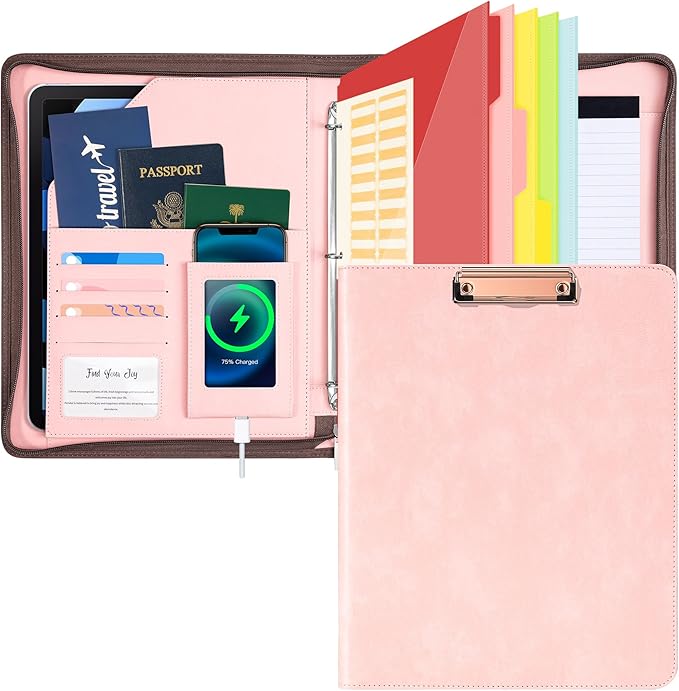 Ospelelf Zippered Padfolio Organizer, Faux Leather 3 Ring Binder with Clipboard, Letter Size Business Portfolio with Notepad, Tablet Sleeve & Phone Pockets for Office Work Pink by OspelelfOfficeSupplies
