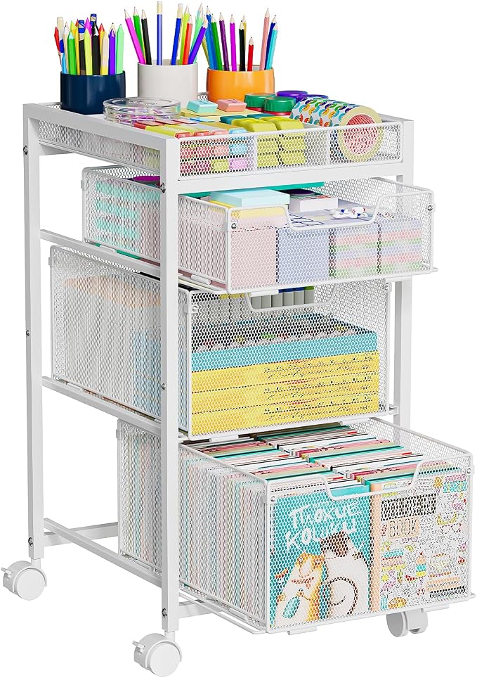 Rolling Utility Cart with 3 Drawers, Craft Organizer and Storage with DIY Divider, Lockable Wheels, Multi-Functional Storage for Art Supplies, Store for Brushes & Paints & Artifacts,White by Hayexiha