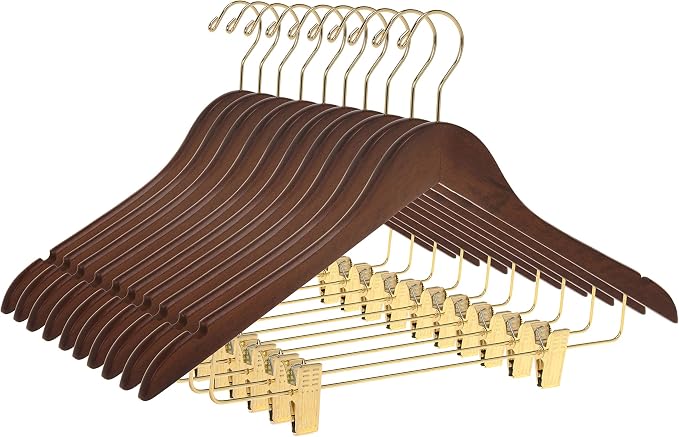 Quality Wooden Skirt Hangers with Clips, 10-Pack Smooth Solid Wood Pants Hangers with Durable Adjustable Metal Clips, Swivel Hook, Coat, Jacket, Blouse Suit Hangers (Walnut - Gold Hook, 10) by QualityHangers