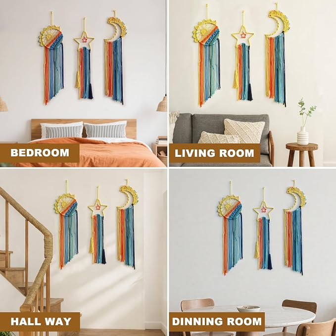 Artilady Macrame Wall Hanging Tapestry, 3 Pakc Boho Sun Dream Catcher Decor | Large Wall Tapestry, Handmade Woven, Farmhouse Rustic, Colorful Sunrise Wall Art, Bedroom Living Room Apartment Home Decor - Image 5