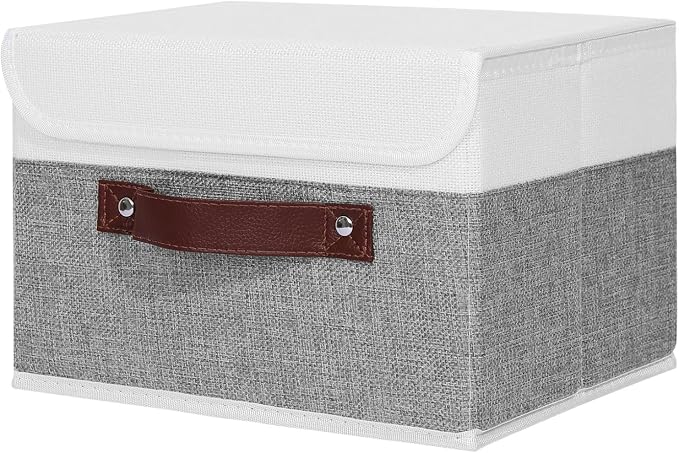 ANMINY Fabric Storage Box Bins with Lids, Gray White, 13"x9"x7.9" | Keepsake Memory Storage, Cotton Linen, PP Board Reinforced, Washable, PU Handles, Foldable & Stackable, Decorative, Medium by ANMINY