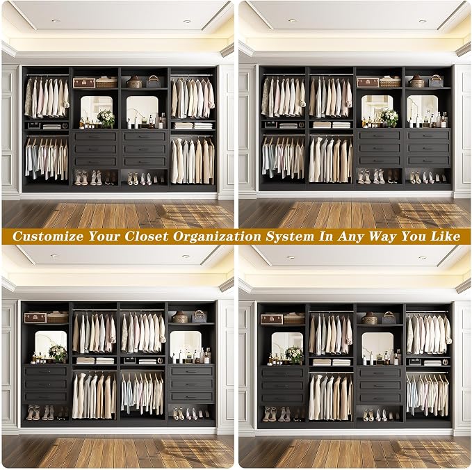 Unikito 100" Wood Closet System with Drawers and Mirror, Black | Large walk in wardrobe organizer with hanging rods and adjustable shelves, sturdy freestanding garment rack tower. - Image 3