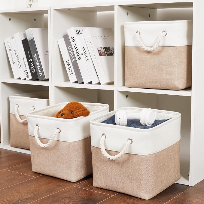 11 Inch 6 Pack Cube Storage Bins with Handles | Foldable Storage Basket,Fabric Storage Basket,Storage cube baskets suitable for the Home & Office(White&Beige) - Image 6