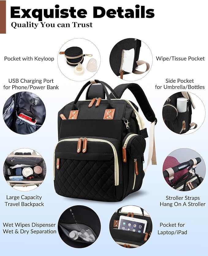 Diaper Bag with Changing Station, Waterproof 3 in 1 Diaper Backpack with Foldable Changing Pad, Insulated Bottle Holders,Large Travel Backpack for Mom & Dad, Baby essentials,Black - Image 3