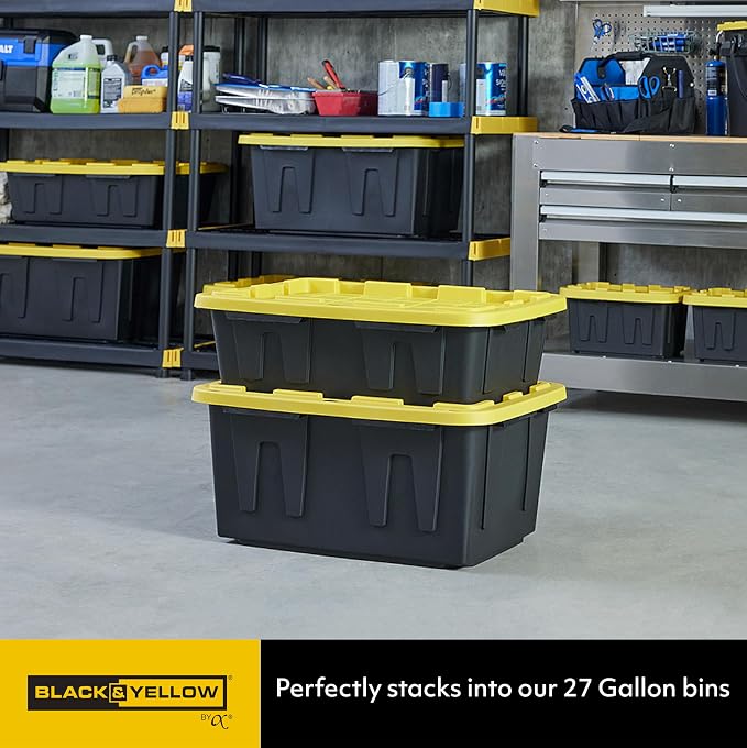 CX Heavy Duty 15-Gallon Stackable Plastic Storage Bins with Lids, 5 Pack | Storage totes for garage organization, Stackable containers, weather-resistant, snap lid, 9.5H x 20.6W x 30.6D, Black/Yellow - Image 4