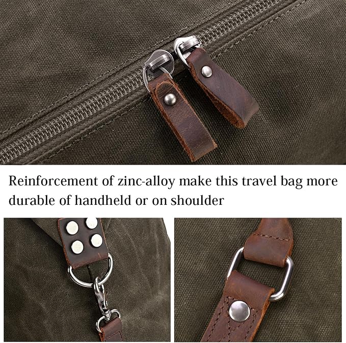 Oversized Travel Duffel Bag Waterproof Canvas Genuine Leather Weekend bag Weekender Overnight Carryon Hand Bag, Dark Brown - Image 4