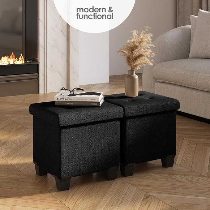 Storage Ottoman Cube with Small Bin, 15-in Square Ottoman with Storage for Living Room and Bedroom, Small Ottomans Foot Rest, Fabric Foot Stools Ottomans Max 330lbs, Black - Image 2
