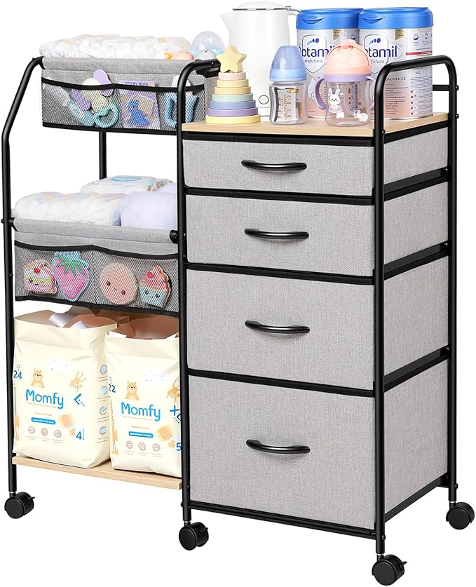 Baby Diaper Caddy Organizer Cart - 4 Tier Rolling Diaper Cart with Wheels, Baby Essentials Organizers and Storage, Mobile Utility Carts for Bedside, Crib Nursury, Bedroom, Changing Table by Fabuday