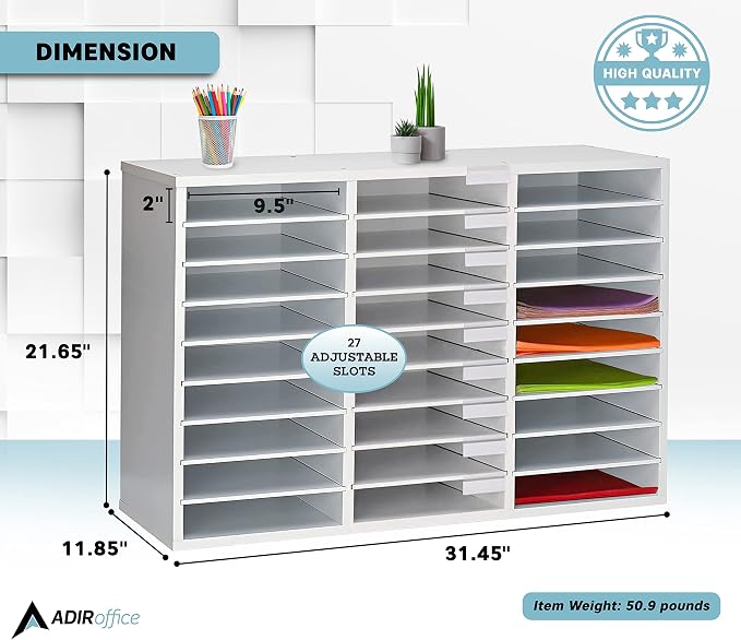 AdirOffice Classroom Mailbox - Wooden Literature Organizer, Construction Paper Storage Organizer, Mail Sorter with Slots, Office Mailboxes with Removable Shelf (27 Slot, White) - Image 2