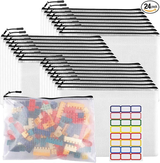 YOPCDJ 24pcs Large Mesh Zipper Pouch File Bags Reusable Zippered Pouches for Organizing Classroom, Board Game Storage, Puzzle Bags Black by YOPCDJ