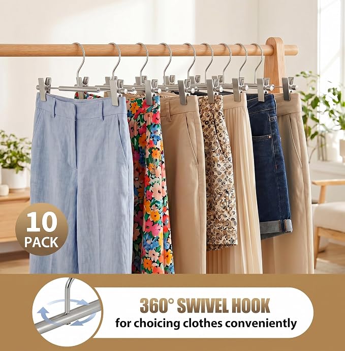 VWV 10 Pack Pants Hangers with Clips, 12.4 Inch Aluminum Skirt Hangers with 360° Swivel Hooks, Heavy Duty Space Saving Closet Hangers for Jeans, Slacks, Shorts (Matte Pearl Nickel) - Image 5