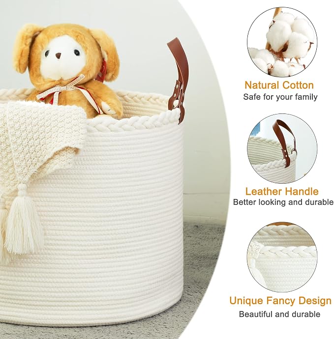 KAKAMAY Large Blanket Basket (18"x16"),Woven Baby Laundry Hamper,Cotton Rope Blanket Basket for Nursery, Laundry, Living Room, Pillows, Baby Toy chest with Leather Handles (White) - Image 5