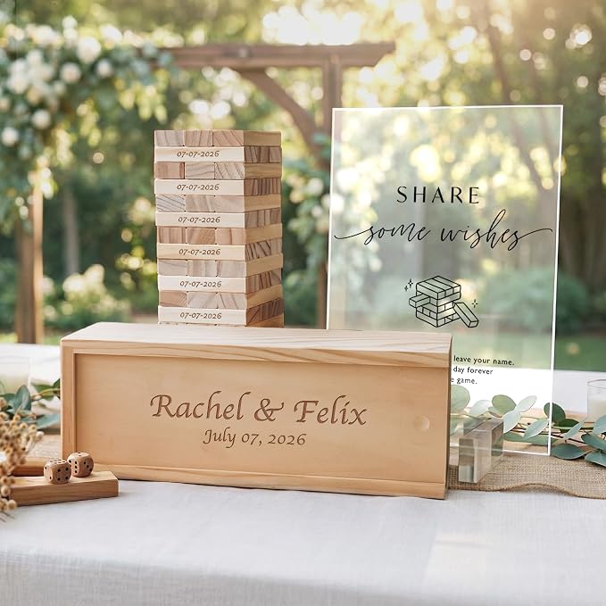 Personalized Wedding Jumbling Tower Guest Book, Engraved Box | Wooden wedding alternative with 54 signing blocks and a 10.6 x 3.9 x 3.54 in keepsake box for lasting memories - Image 3