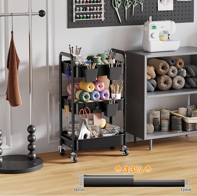 3 Tier Rolling Cart with Lockable Wheels, Metal Diaper Caddy Cart Organizer for Baby Essentials, Black Storage Utility Cart for Craft, Snack, Rolling Carts with Wheels for Lash Techs, Art, Bathroom - Image 7