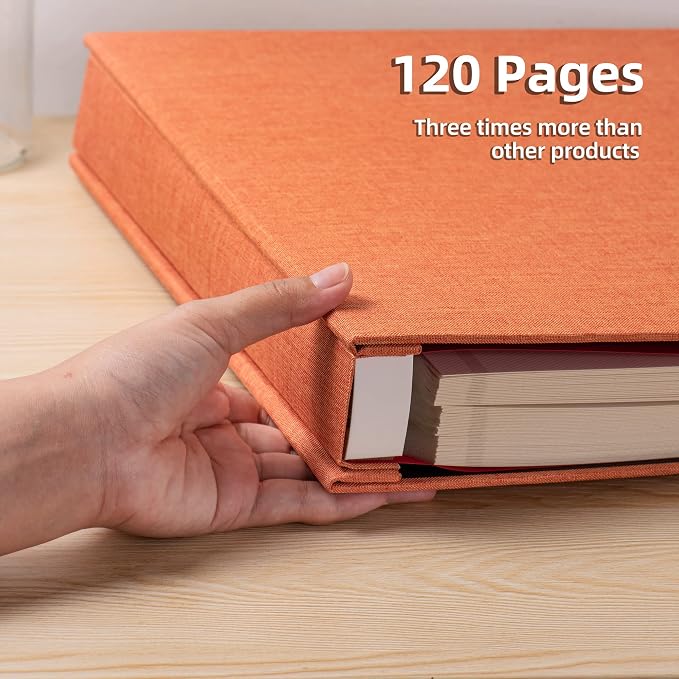 Large Photo Album Self Adhesive 4x6 5x7 3x5 8.5x11 Scrapbook Magnetic Album DIY Scrap Book Length 13 x Width 12.8 (Inches) 120 Sticky Pages Linen Cover DIY Photo Album (Orange) - Image 4