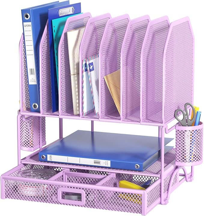 FANXIYQ Metal Desk Organizer with Sliding Drawer, 7-Section File Organizer for Desk, Desktop File Folder & Paper Organizer with 2 Hanging Pen Holders, Office Supplies Organizer, Purple by FANXIYQ