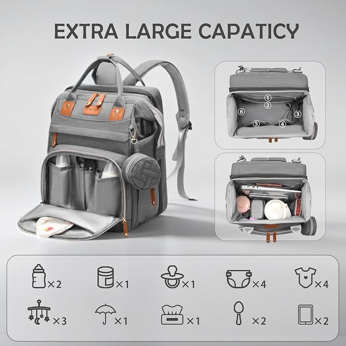 Diaper Bag Backpack with Changing Station, Waterproof for Travel, Gray - Image 3
