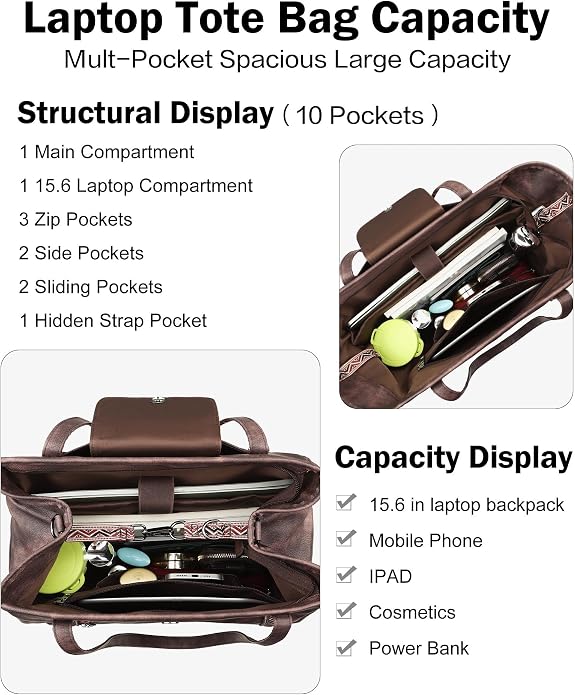 Large Laptop Tote Bag for Women Designer Leather Laptop Bag, 15.6in | Fashion Travel Backpack Purse Shoulder Handbag Fits 15.6 Laptop, Daily, Work, Business Trip, Weekend Travel, Teacher - Image 3