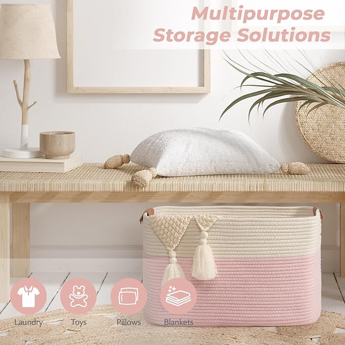 Large Woven Basket 25’’*16’’*16’’ Rectangle Woven Baskets for Storage, Storage for Living Room, Soft Cotton Rope Basket With Handle, Large Basket for Kids Dog Toys, 108L Pink+White - Image 7