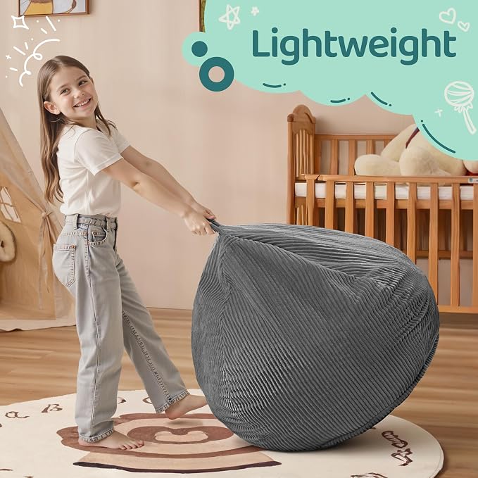 2FT Bean Bag Chair: 2' Small Bean Bags with Memory Foam Filled | Beanbag Chairs with Handle,Teardrop Bean Bag Sofa with Corduroy Machine Washable Cover for Living Room,Bedroom-Grey - Image 4